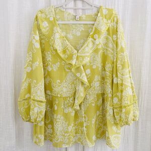 Cato Green & White Floral Billowy Flowy Boho Cottagcore Blouse - Plus 22/24W